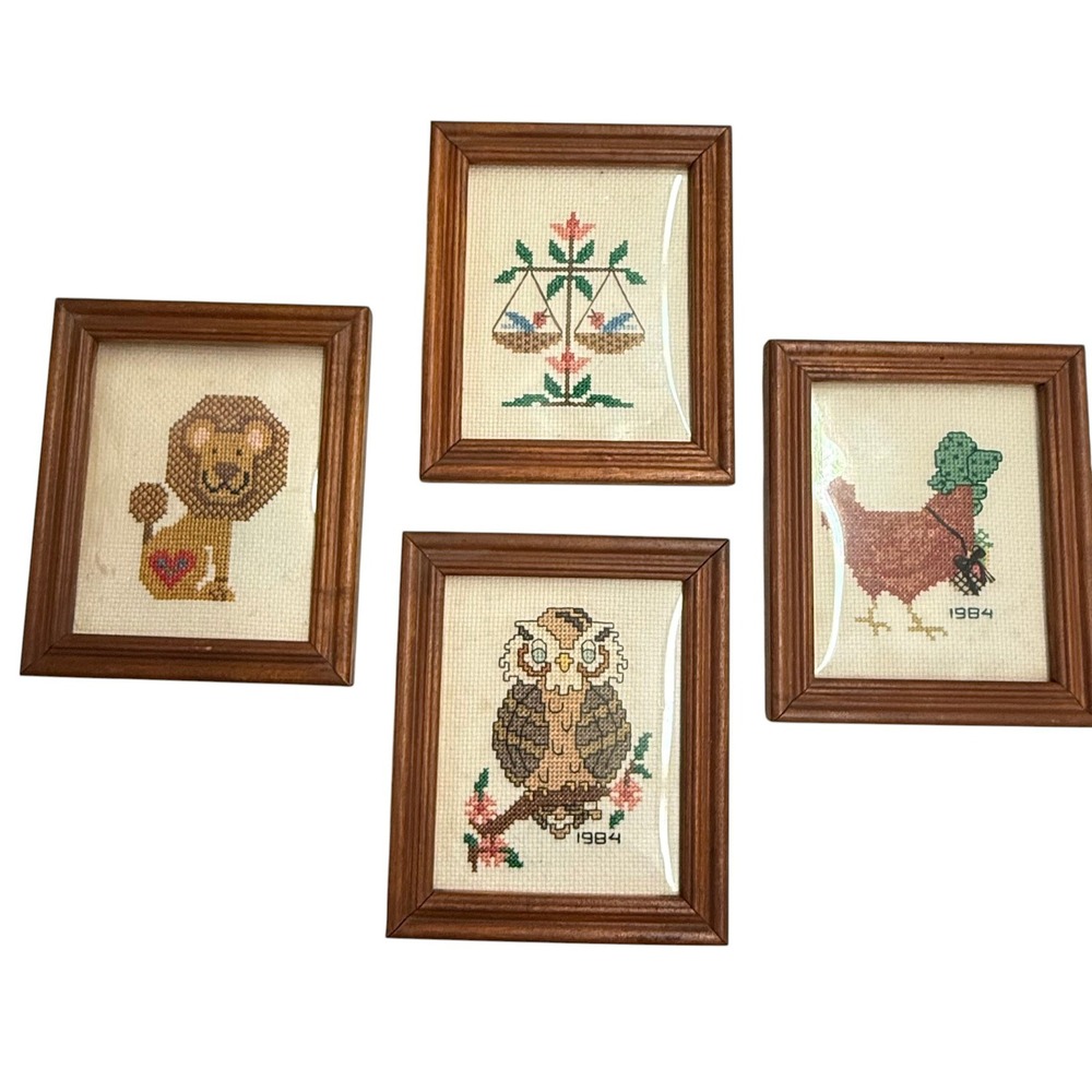 Handmade Cross Stitch Wall Art Set 4 OS Brown Good 1984 Animal Folk Art Decor